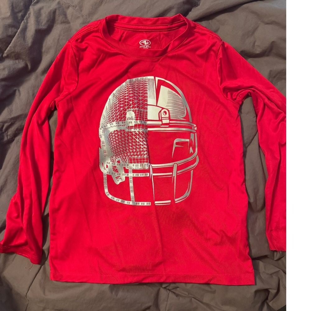 Athletic Works Boys Red Football Helmet Long Sleeve Performance Tee S 6-7